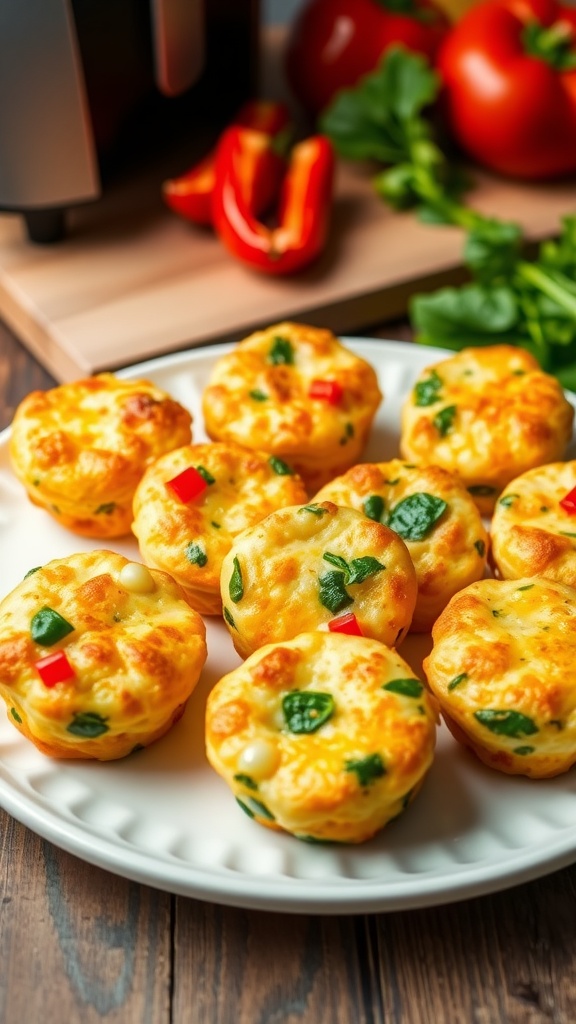 Fluffy air fryer egg bites with vegetables and cheese on a plate in a rustic kitchen.